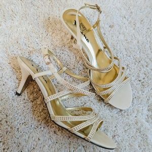 Nina | Ivory gold strappy satin heels 7.5 NWT